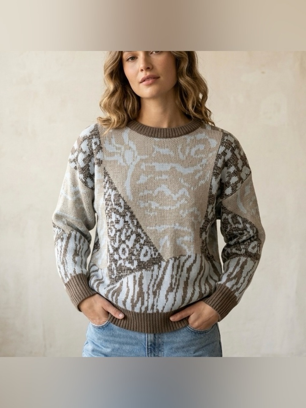 Vintage 80s Olsen Abstract Colorblock Animal Print Knit Sweater Womens Size M